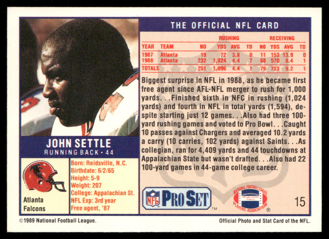 John Settle 1989 Pro Set #15 RC Atlanta Falcons