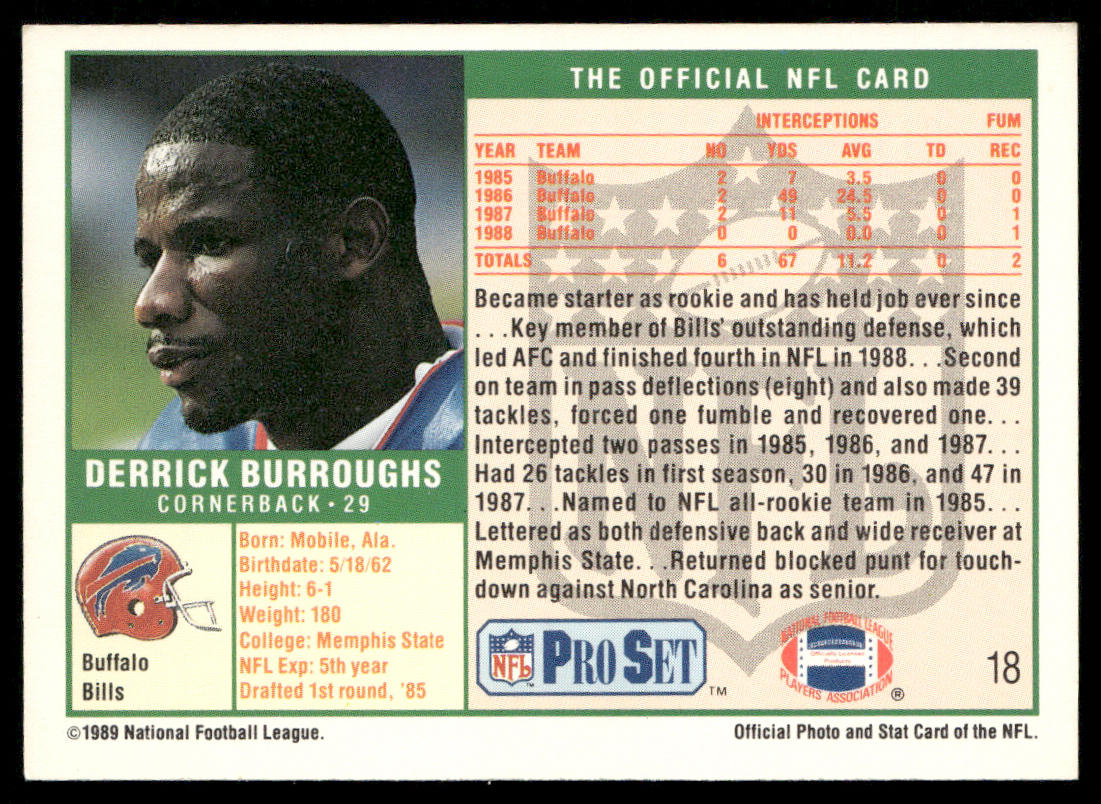 Derrick Burroughs 1989 Pro Set #18 RC Buffalo Bills