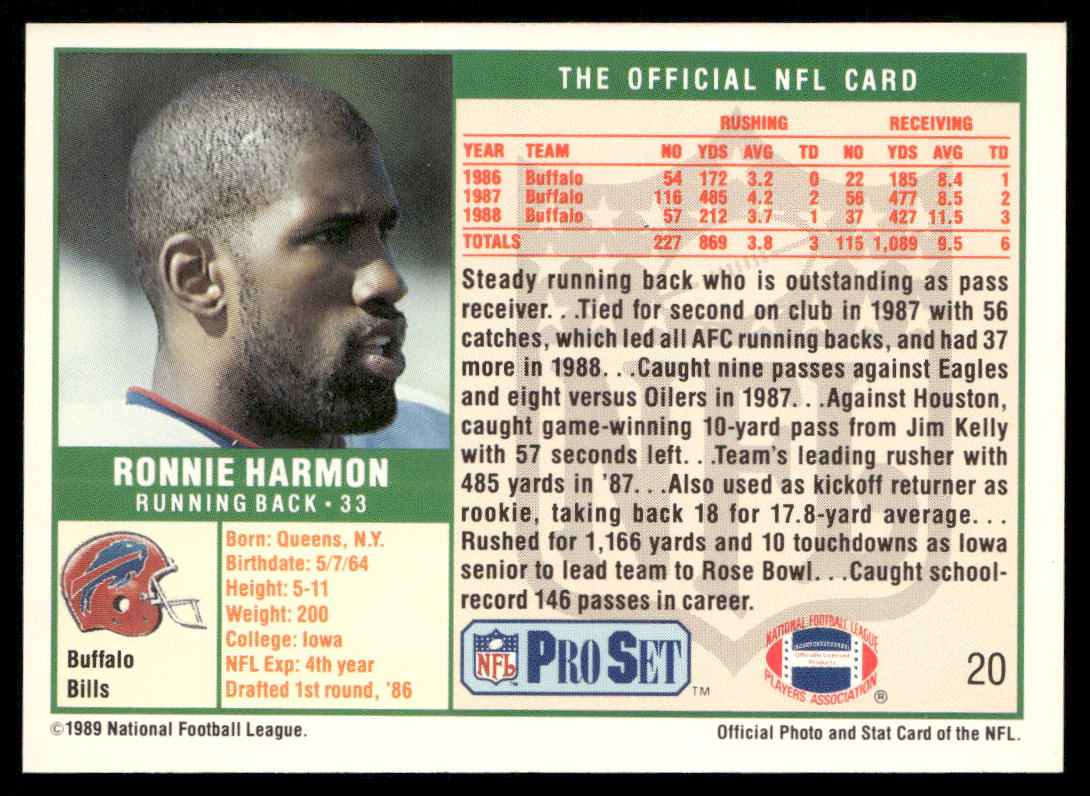 Ronnie Harmon 1989 Pro Set #20 Buffalo Bills