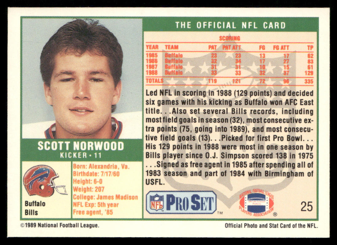 Scott Norwood 1989 Pro Set #25 RC Buffalo Bills
