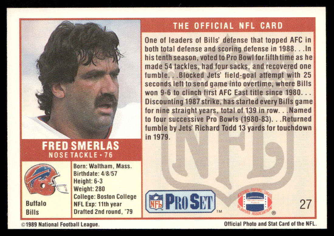 Fred Smerlas 1989 Pro Set #27 Buffalo Bills