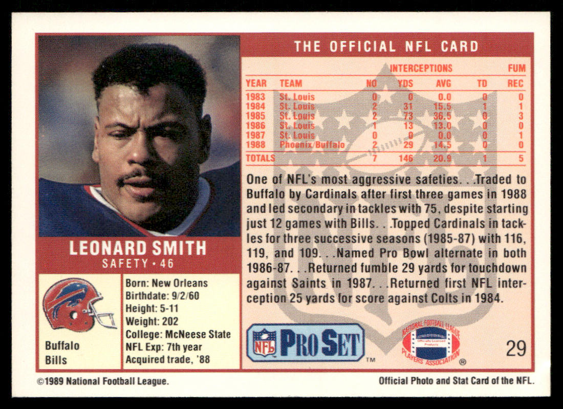 Leonard Smith 1989 Pro Set #29 Buffalo Bills