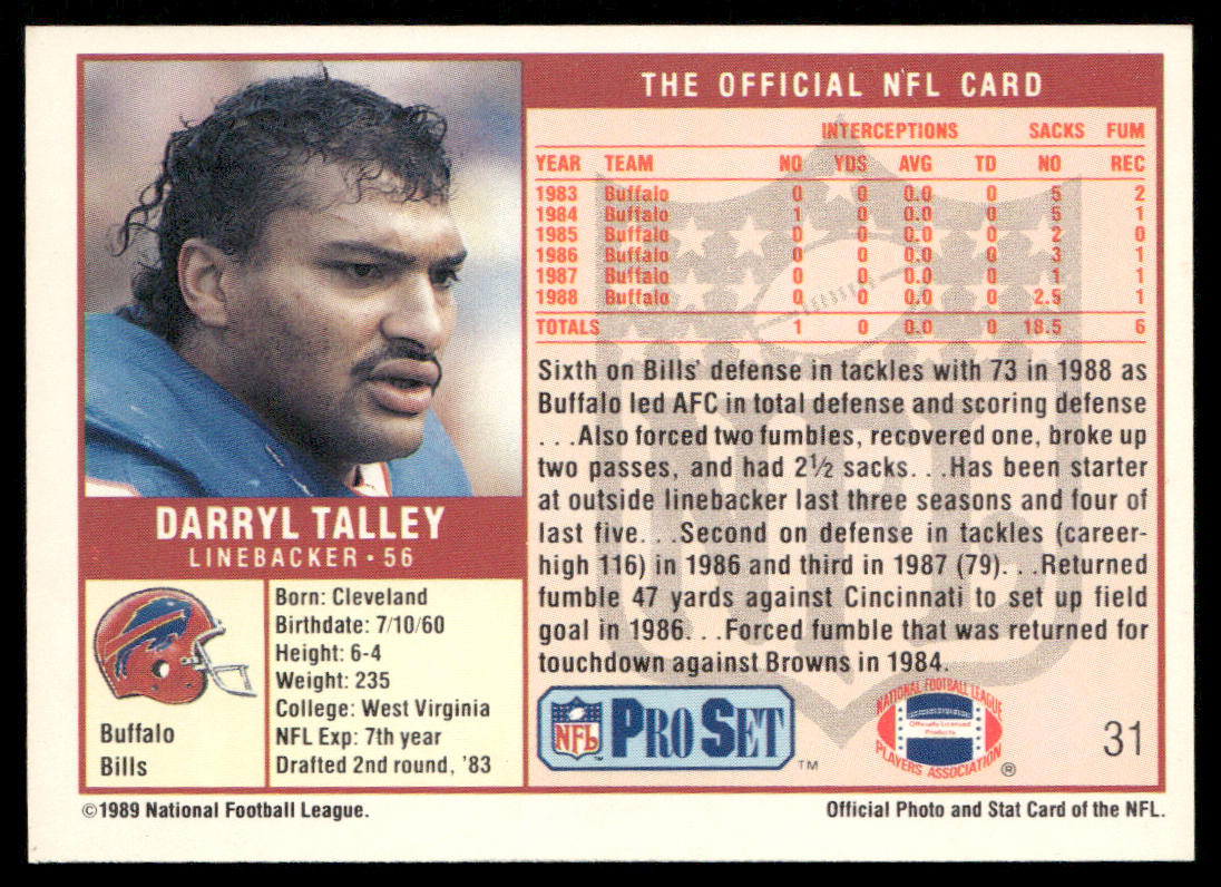 Darryl Talley 1989 Pro Set #31 Buffalo Bills