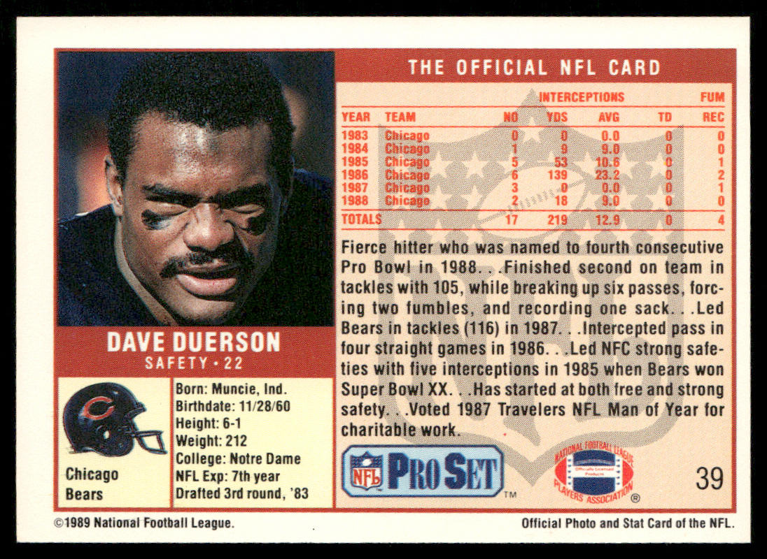 Dave Duerson 1989 Pro Set #39 Chicago Bears