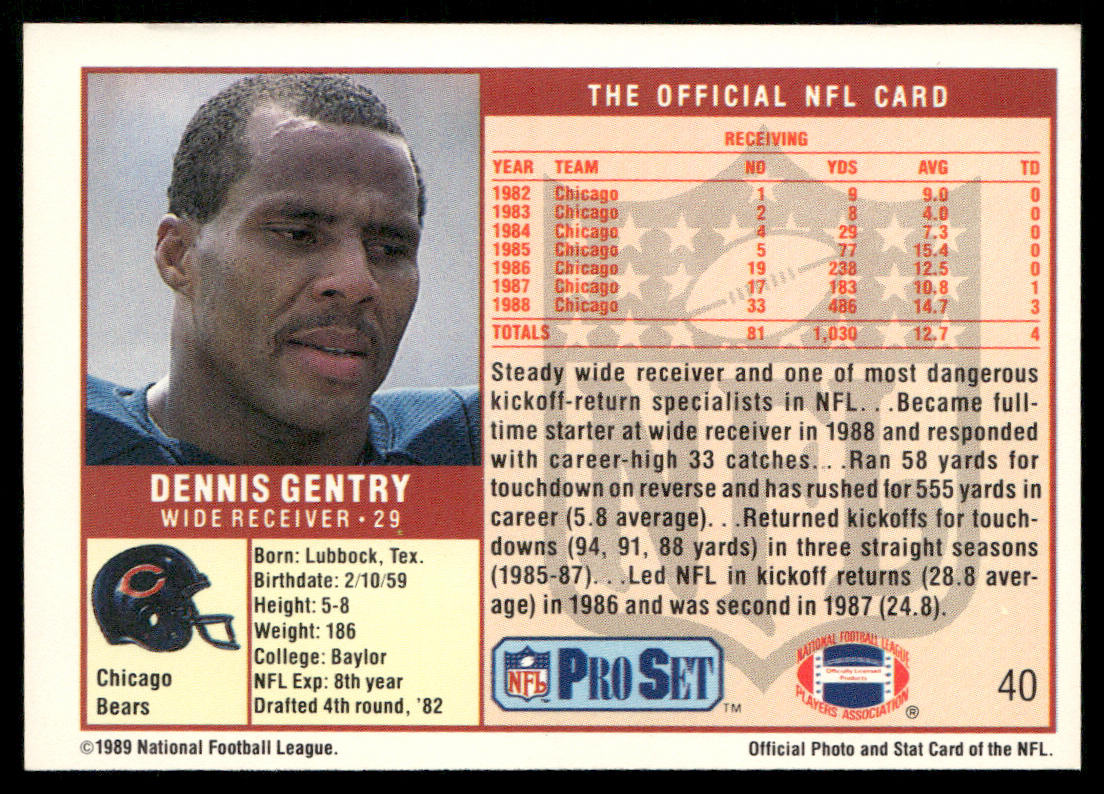 Dennis Gentry 1989 Pro Set #40 Chicago Bears