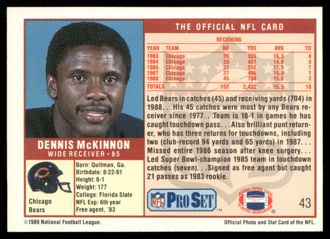 Dennis McKinnon 1989 Pro Set #43 Chicago Bears