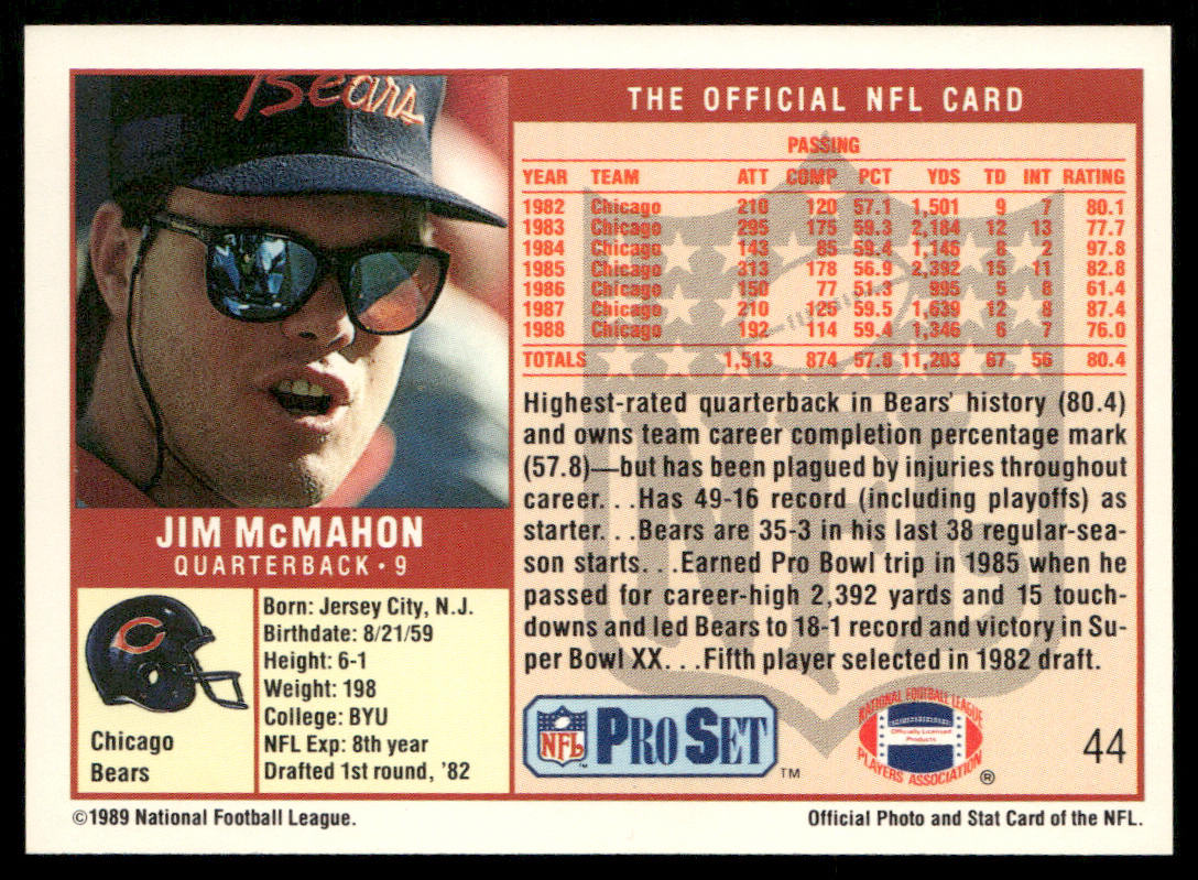 Jim McMahon 1989 Pro Set #44 Chicago Bears
