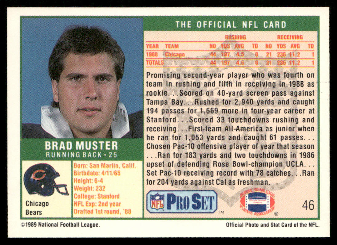 Brad Muster 1989 Pro Set #46 RC Chicago Bears