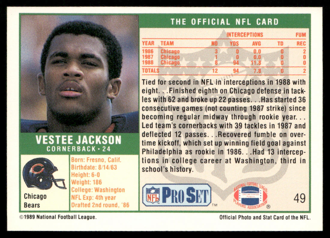 Vestee Jackson 1989 Pro Set #49 RC Chicago Bears