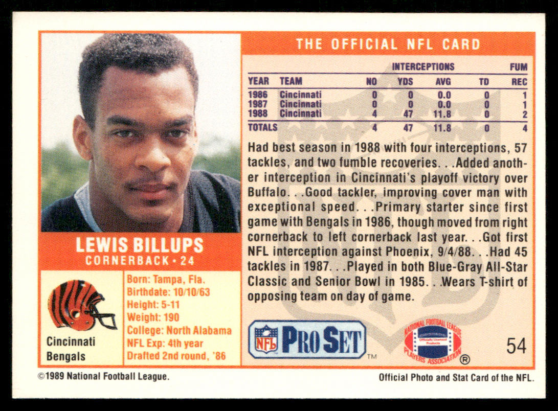 Lewis Billups 1989 Pro Set #54 RC Cincinnati Bengals