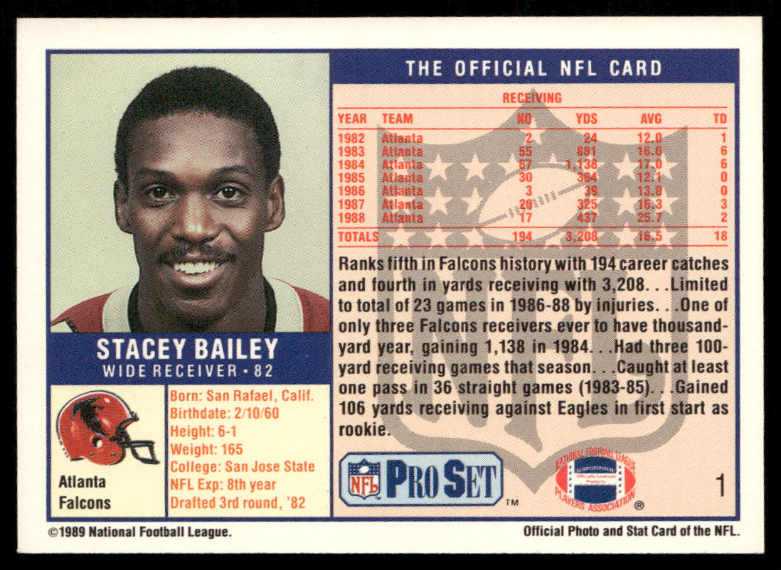 Stacey Bailey 1989 Pro Set #1 Atlanta Falcons