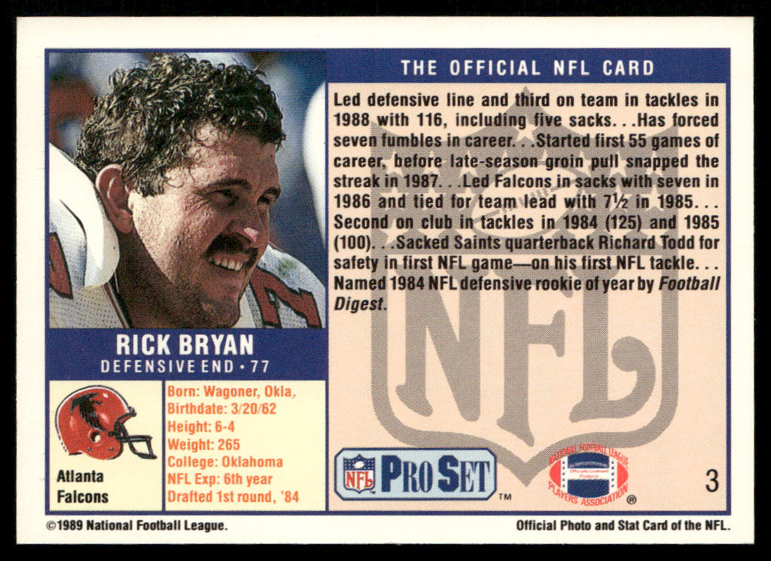 Rick Bryan 1989 Pro Set #3 Atlanta Falcons