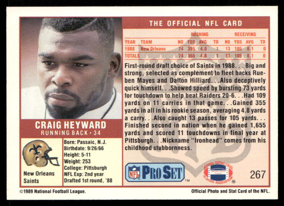 Craig Heyward 1989 Pro Set #267 RC New Orleans Saints