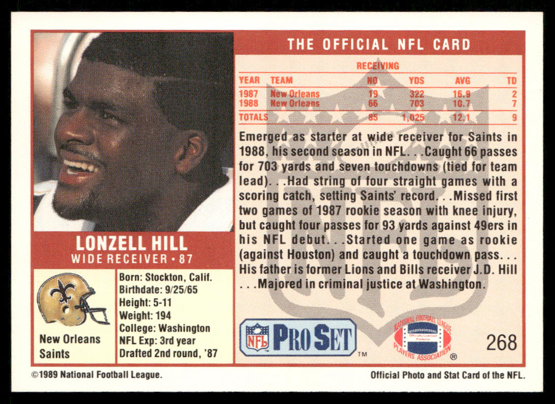 Lonzell Hill 1989 Pro Set #268 RC New Orleans Saints