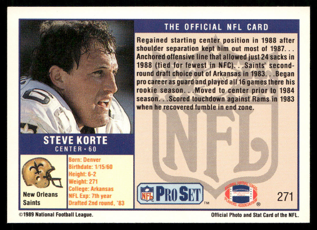 Steve Korte 1989 Pro Set #271 RC New Orleans Saints