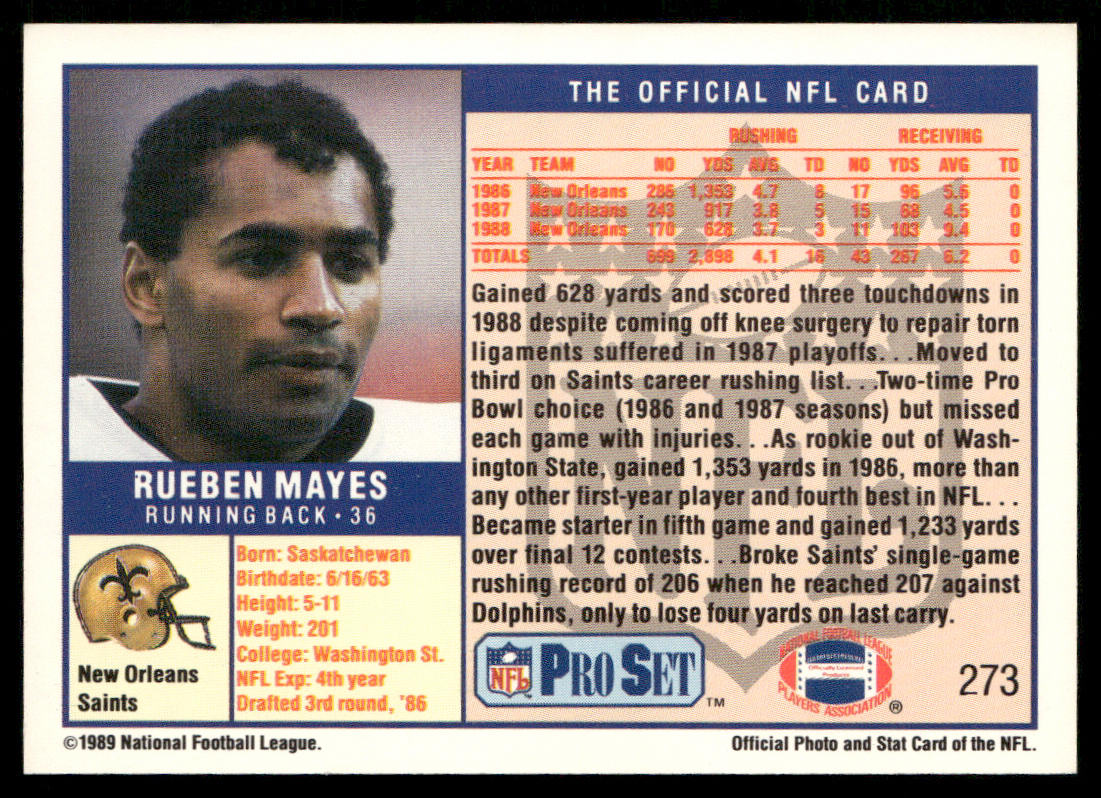 Rueben Mayes 1989 Pro Set #273 New Orleans Saints