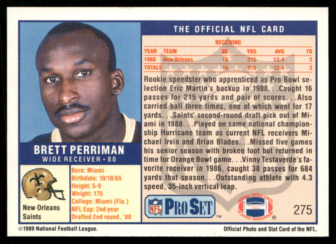 Brett Perriman 1989 Pro Set #275 RC New Orleans Saints