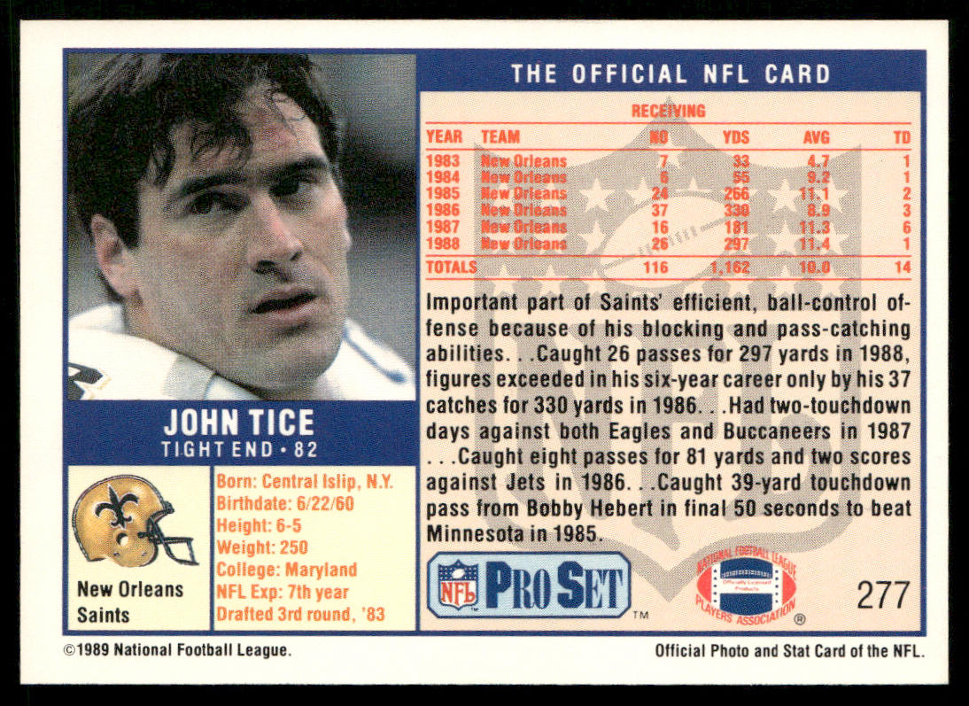 John Tice 1989 Pro Set #277 New Orleans Saints