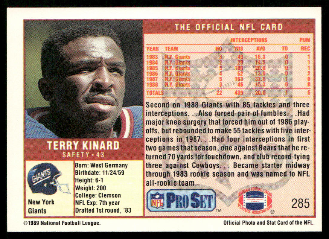 Terry Kinard 1989 Pro Set #285 New York Giants