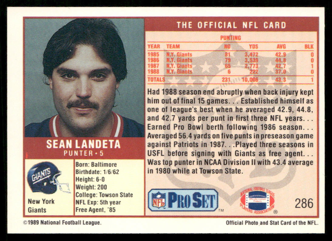 Sean Landeta 1989 Pro Set #286 New York Giants