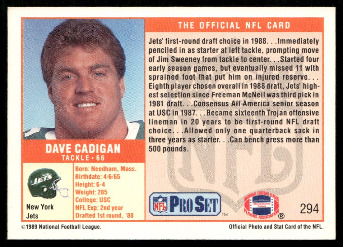 Dave Cadigan 1989 Pro Set #294 RC New York Jets