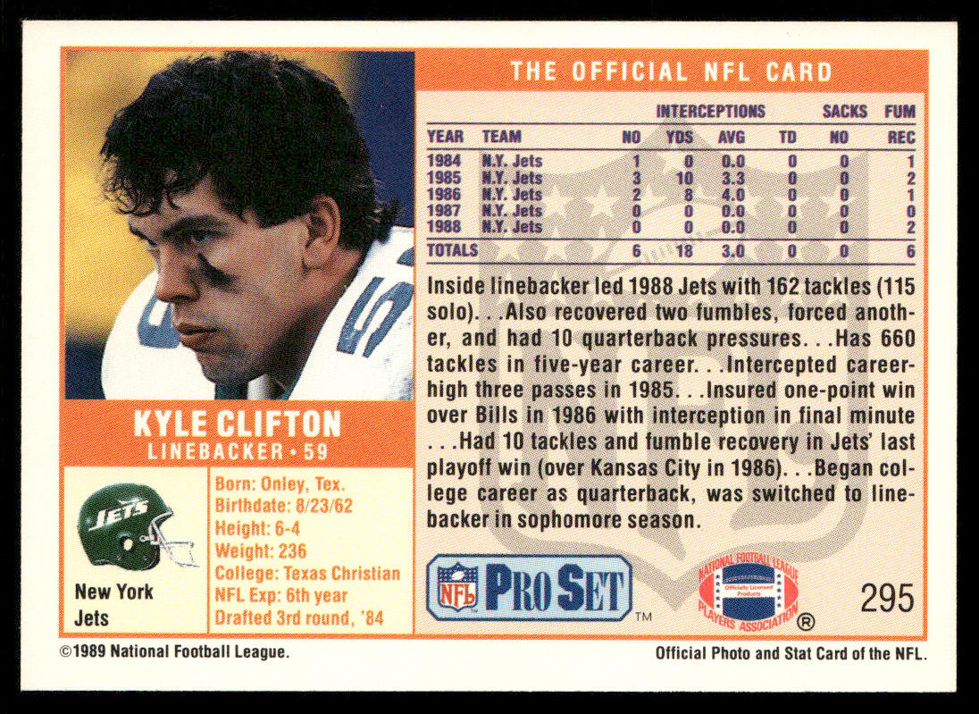 Kyle Clifton 1989 Pro Set #295 RC New York Jets