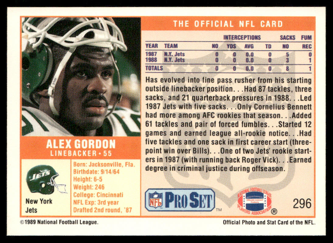Alex Gordon 1989 Pro Set #296 New York Jets