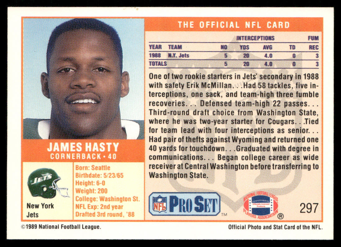 James Hasty 1989 Pro Set #297 RC New York Jets