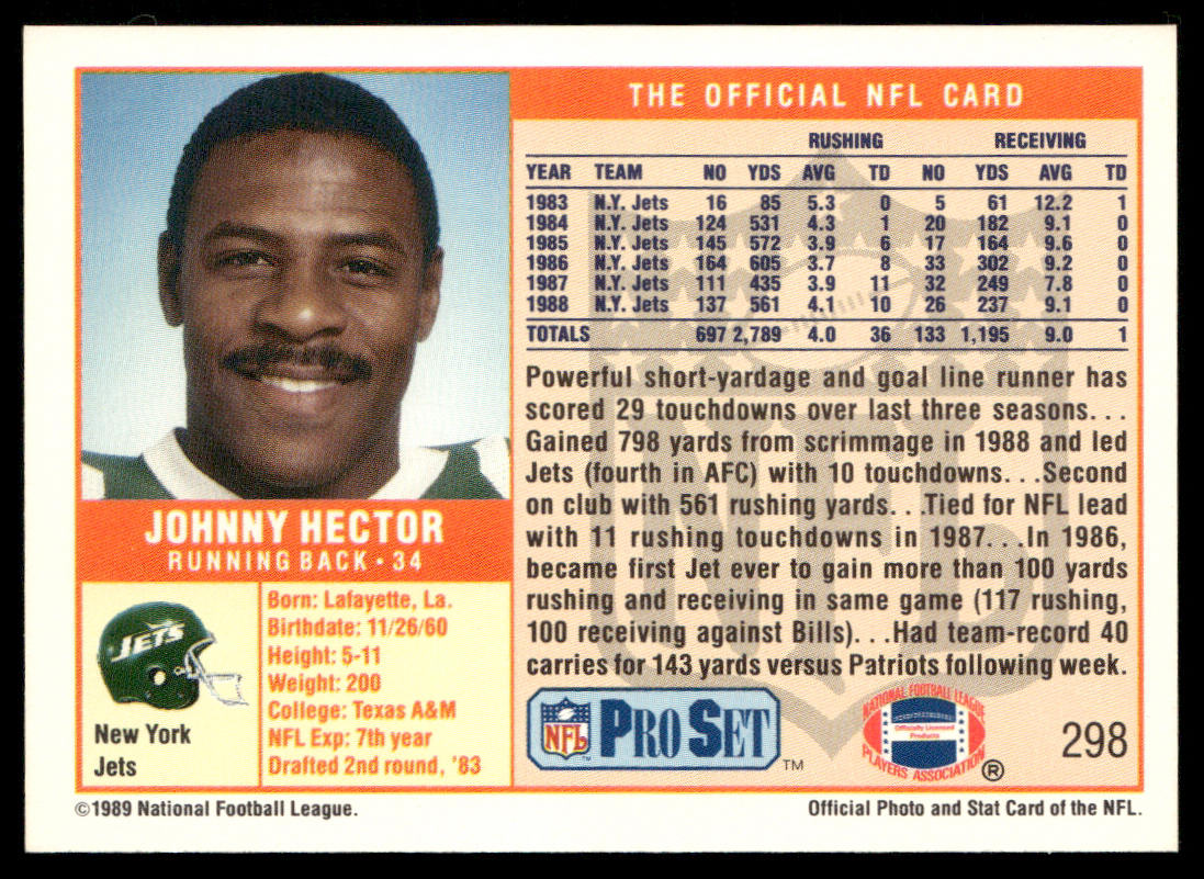 Johnny Hector 1989 Pro Set #298 New York Jets