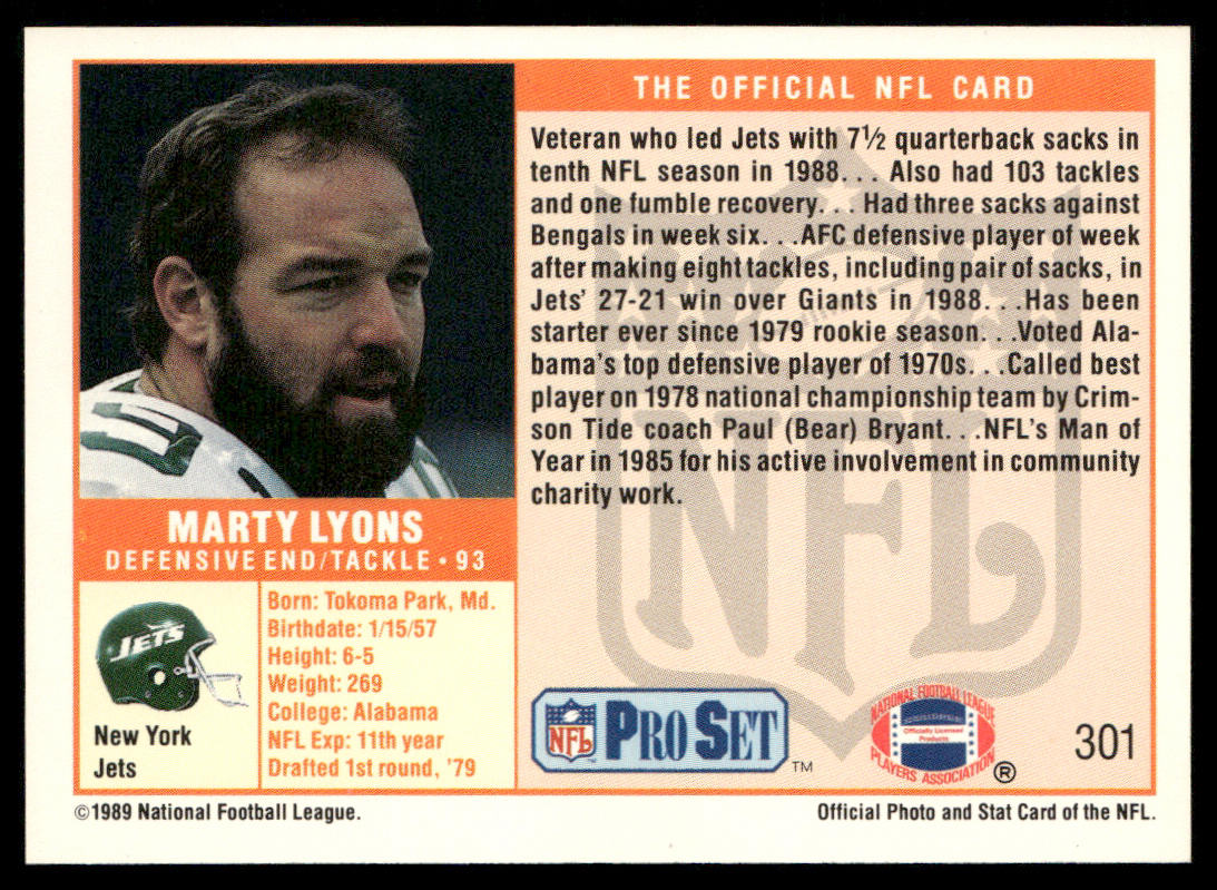 Marty Lyons 1989 Pro Set #301 New York Jets