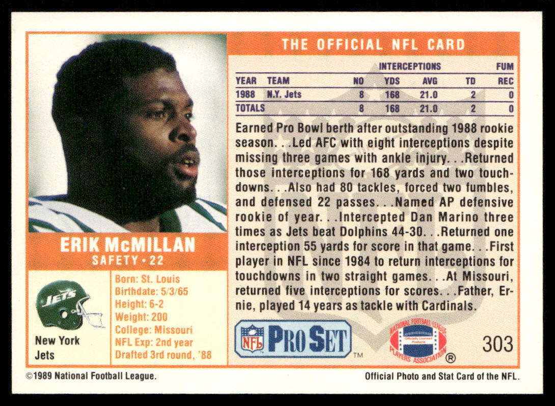 Erik McMillan 1989 Pro Set #303 RC New York Jets