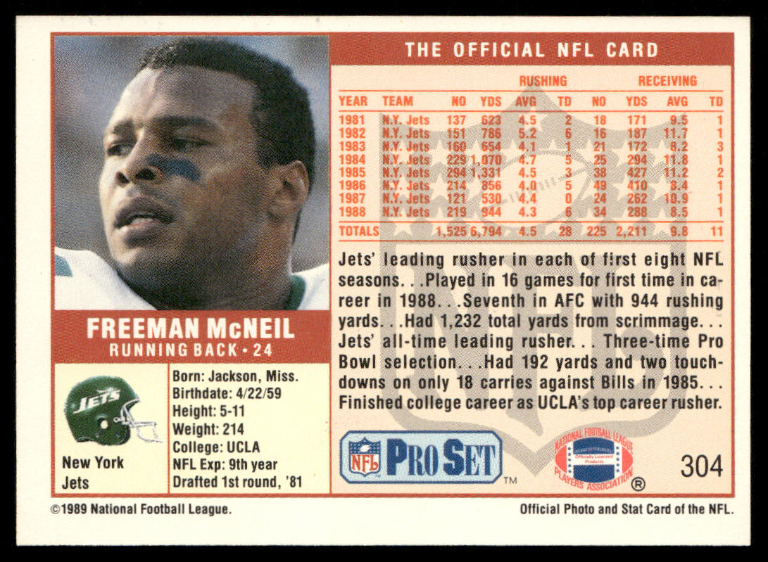 Freeman McNeil 1989 Pro Set #304 New York Jets