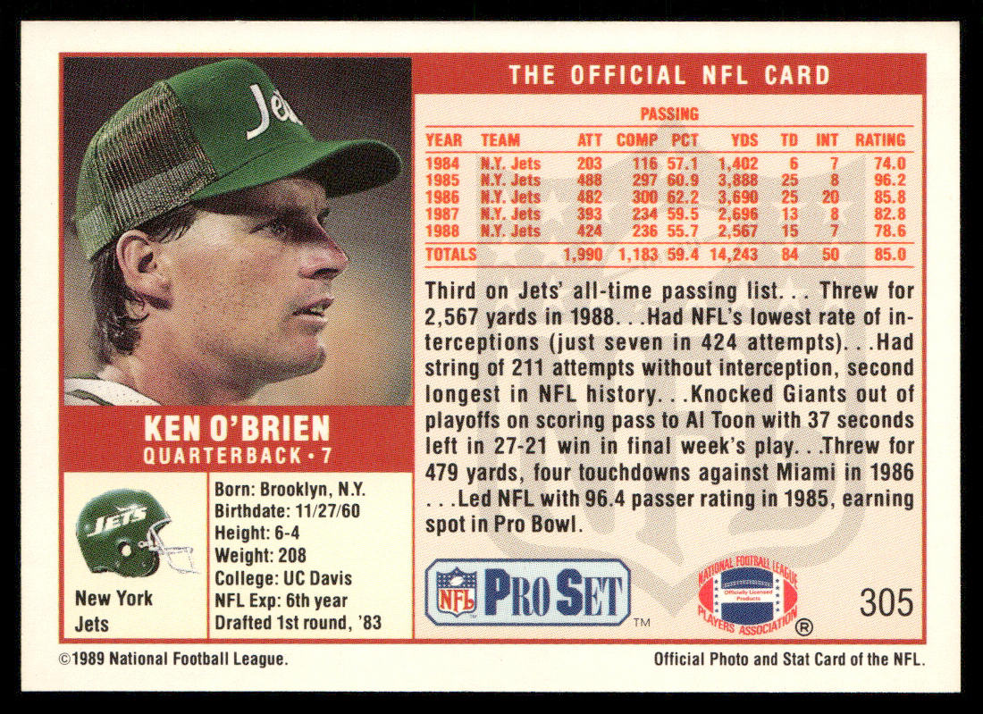 Ken O'Brien 1989 Pro Set #305 New York Jets