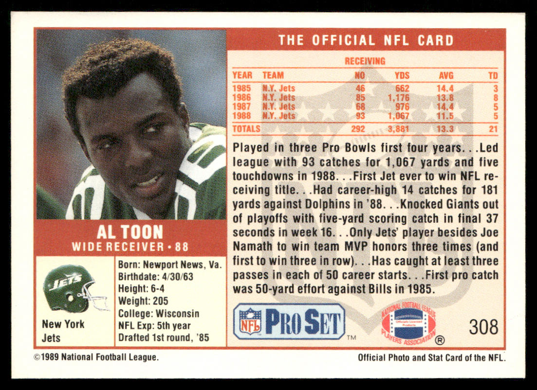 Al Toon 1989 Pro Set #308 New York Jets