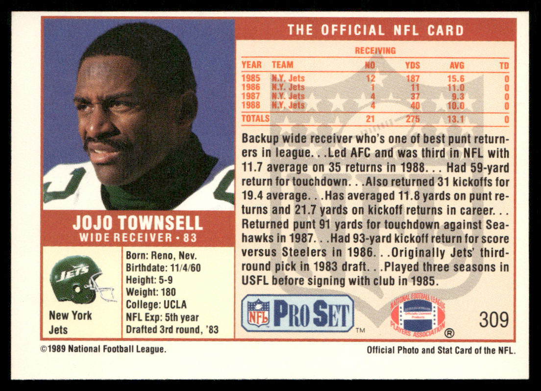 JoJo Townsell 1989 Pro Set #309 New York Jets