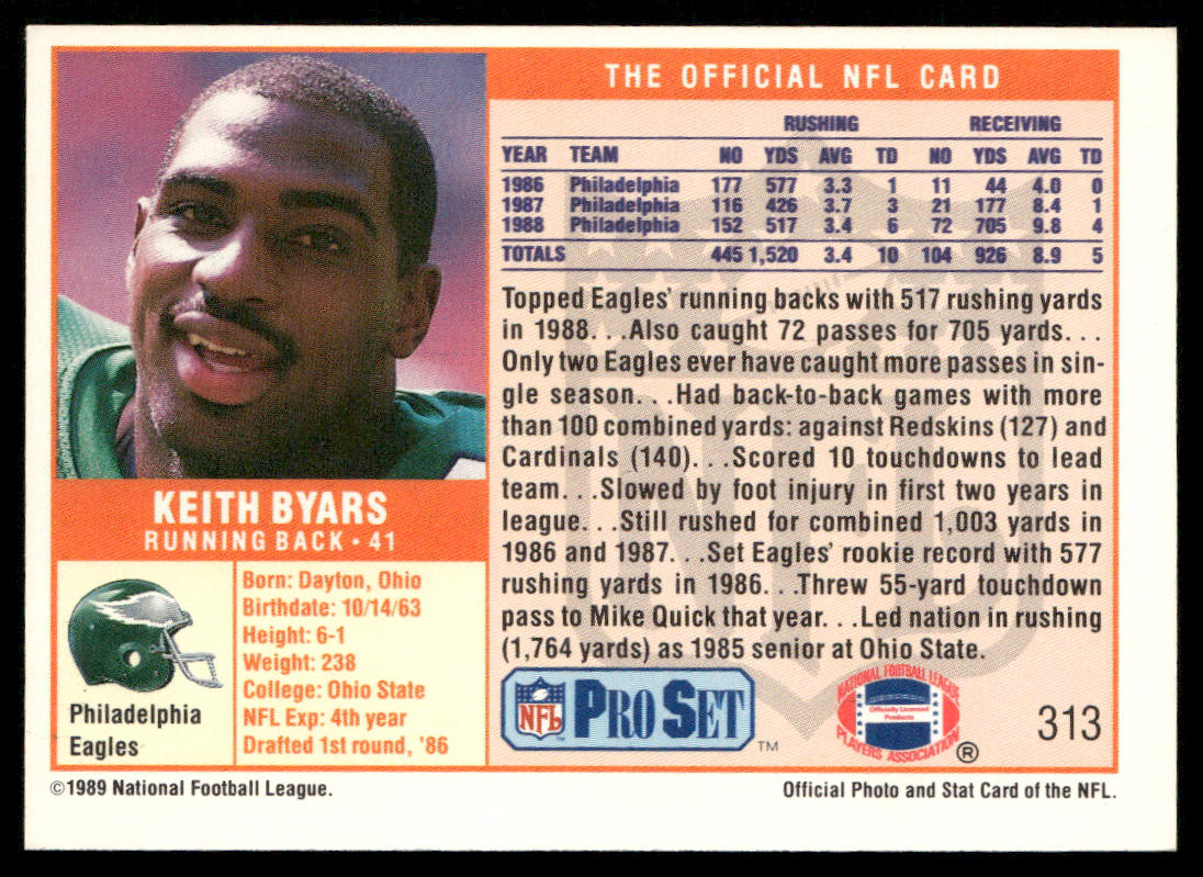 Keith Byars 1989 Pro Set #313 Philadelphia Eagles