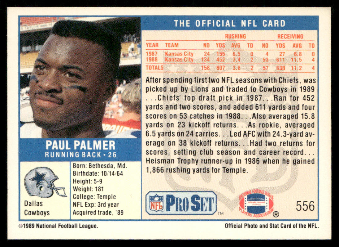Paul Palmer 1989 Pro Set #556 Dallas Cowboys