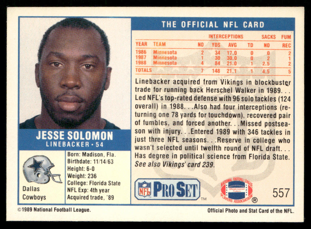 Jesse Solomon 1989 Pro Set #557 Dallas Cowboys