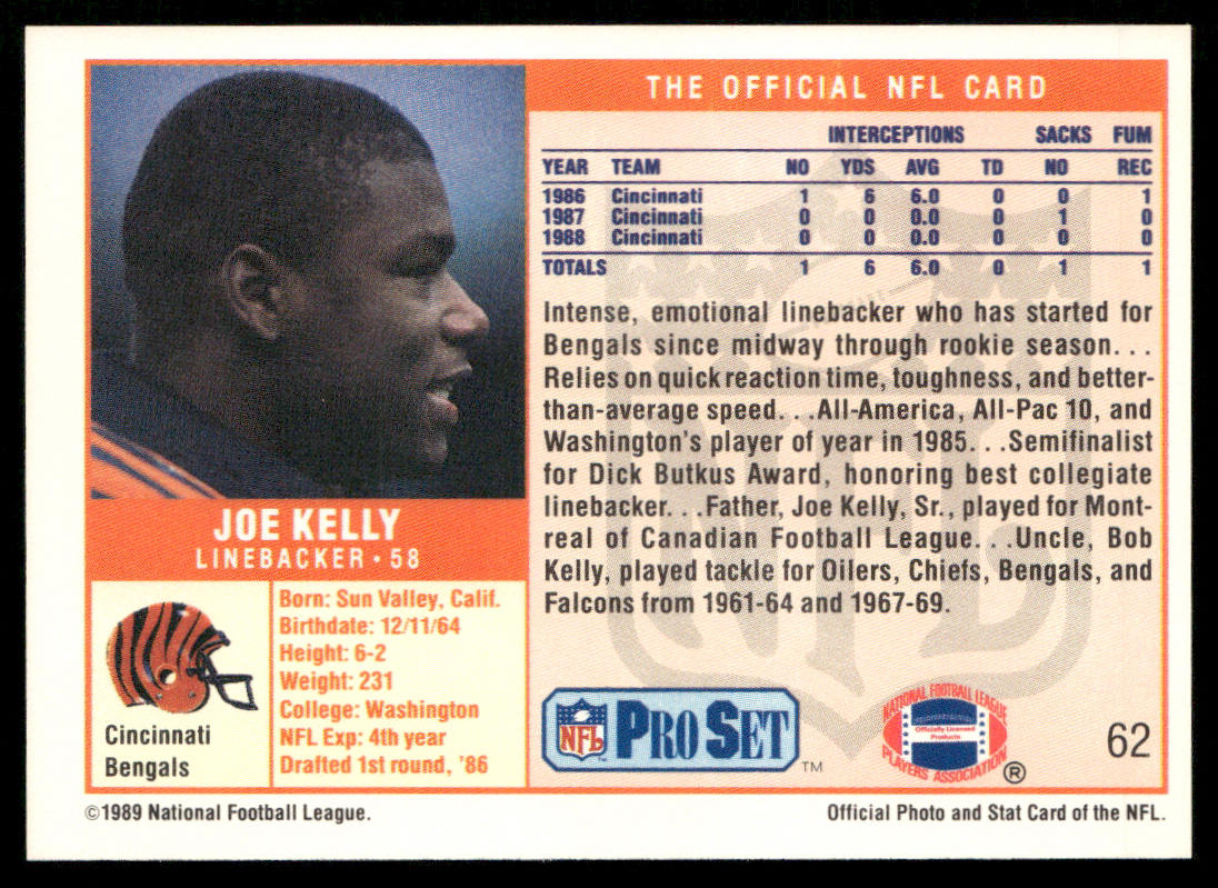 Joe Kelly 1989 Pro Set #62 RC Cincinnati Bengals