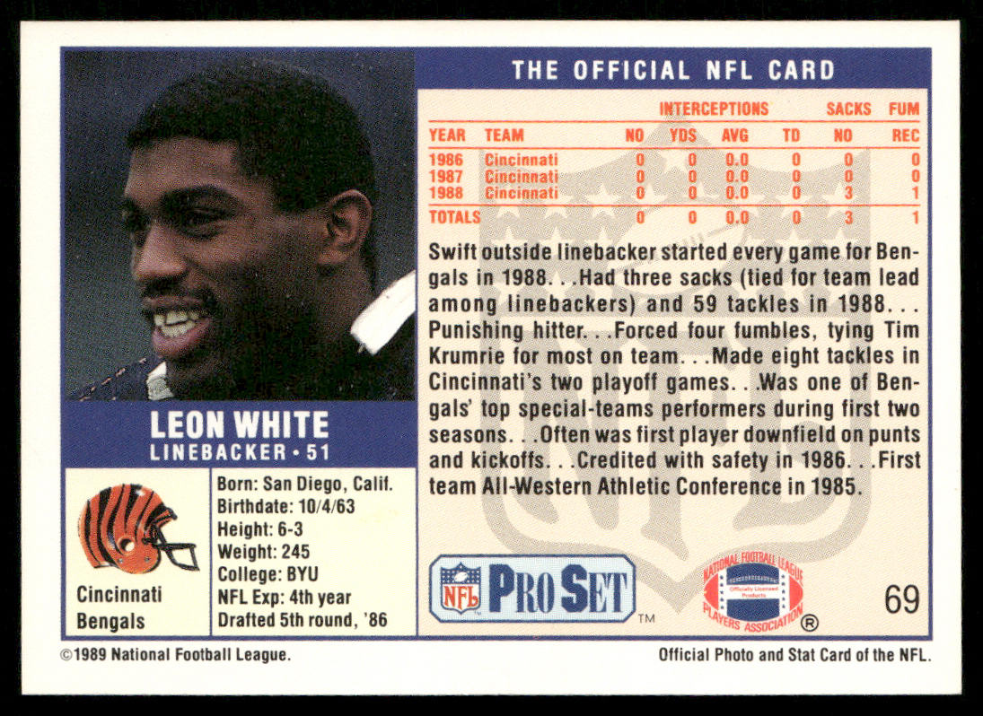 Leon White 1989 Pro Set #69 RC Cincinnati Bengals