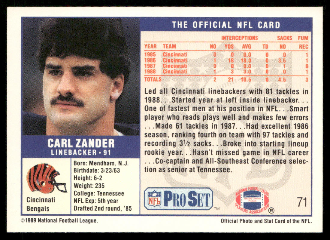 Carl Zander 1989 Pro Set #71 Cincinnati Bengals