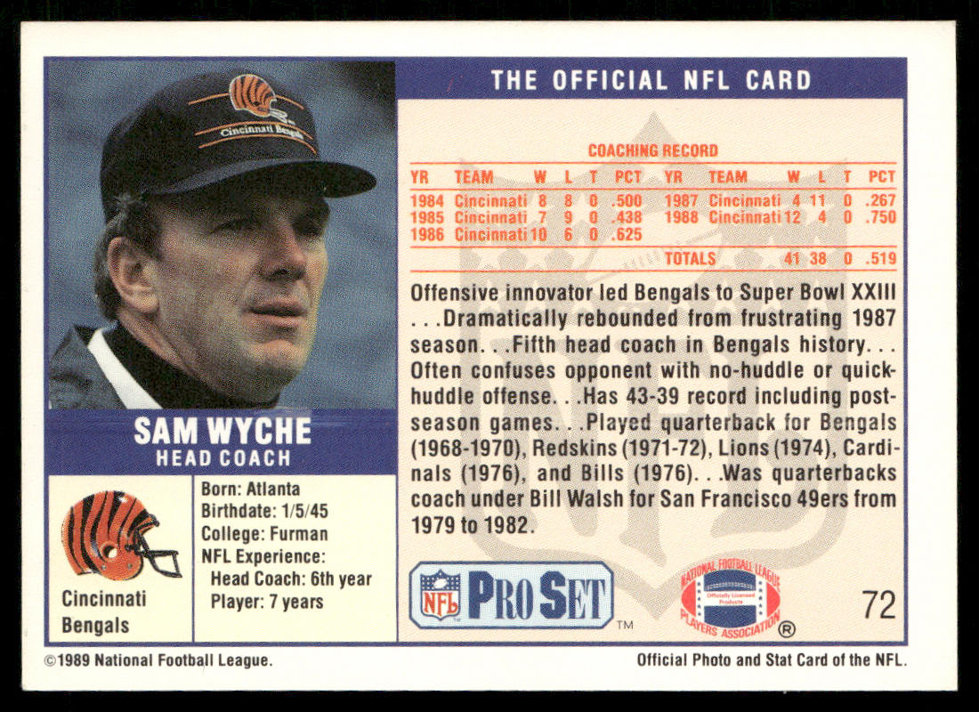 Sam Wyche 1989 Pro Set #72 Cincinnati Bengals