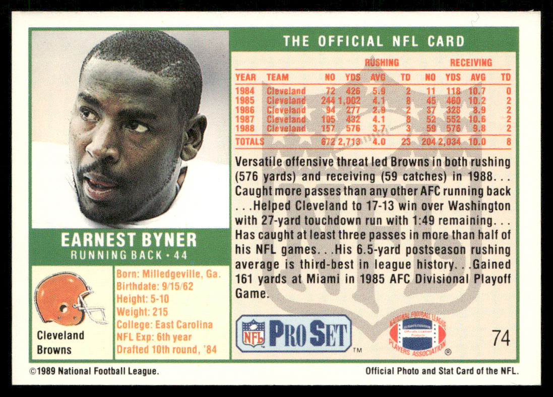 Earnest Byner 1989 Pro Set #74 Cleveland Browns