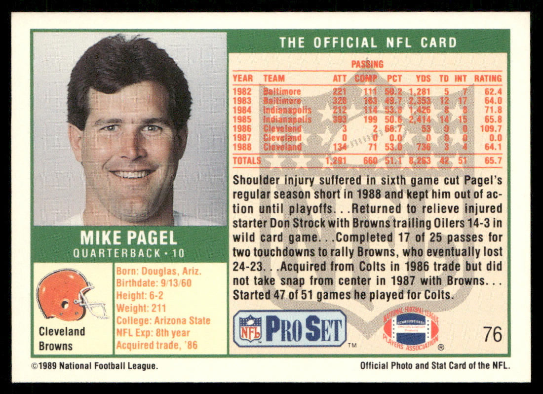 Mike Pagel 1989 Pro Set #76 Cleveland Browns