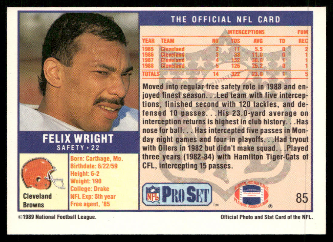 Felix Wright 1989 Pro Set #85 Cleveland Browns