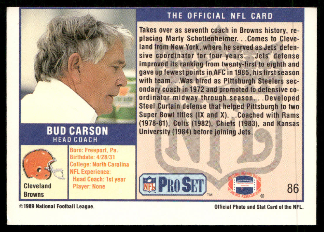 Bud Carson 1989 Pro Set #86 Cleveland Browns