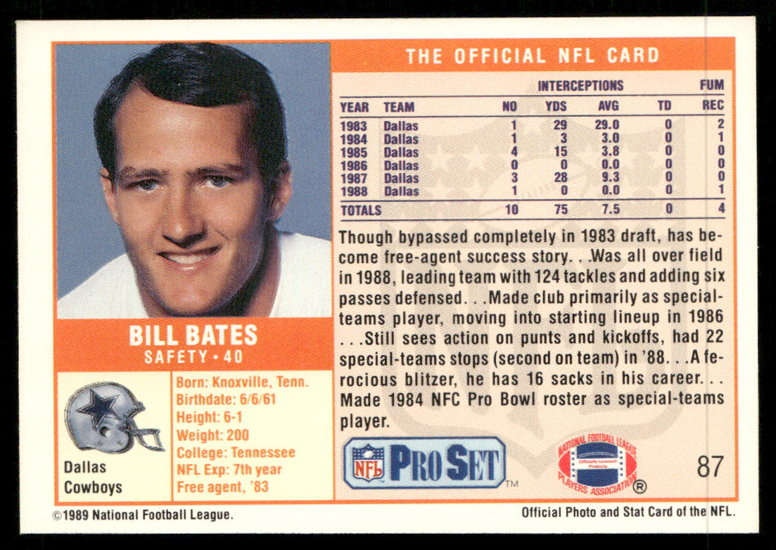 Bill Bates 1989 Pro Set #87 Dallas Cowboys