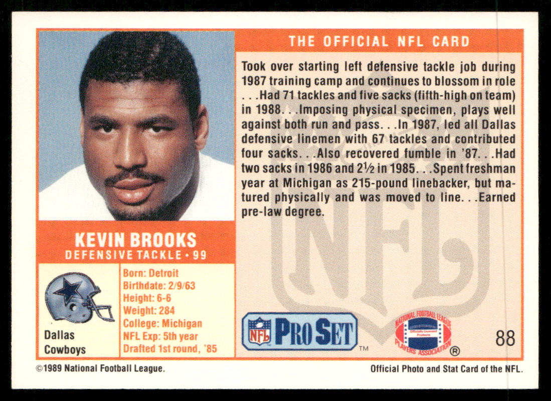Kevin Brooks 1989 Pro Set #88 RC Dallas Cowboys