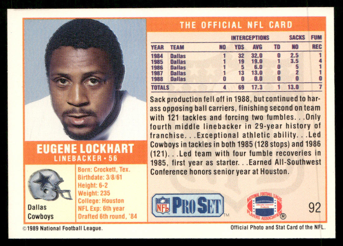 Eugene Lockhart 1989 Pro Set #92 RC Dallas Cowboys