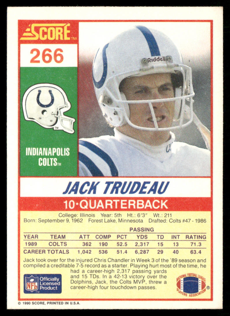 Jack Trudeau 1990 Score #266 Indianapolis Colts